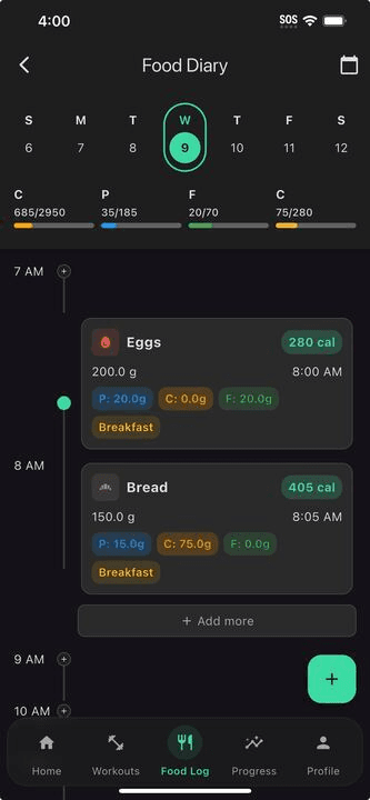 App food diary screen showing logged meals
